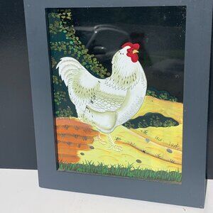 #1225 FRAMED PAINTED CHICKEN ON GLASS
